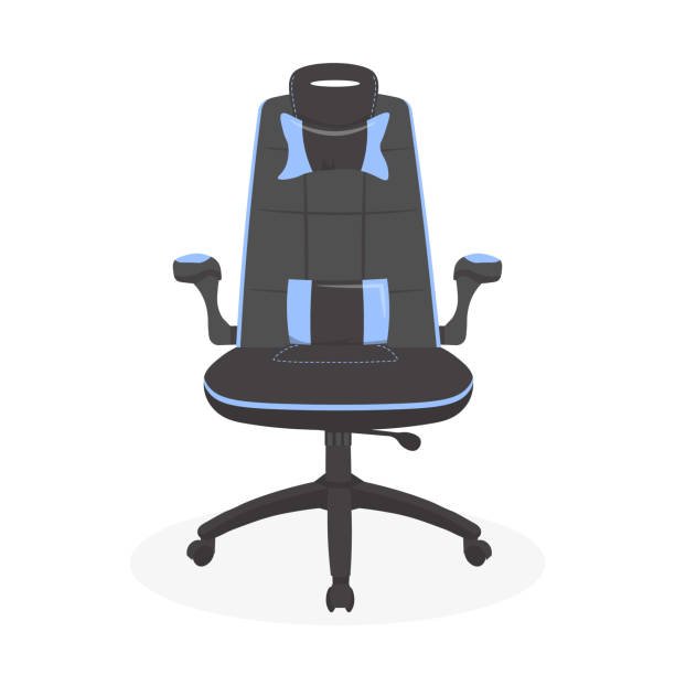 A front-view illustration of a black and light blue ergonomic gaming chair, showing its high backrest, neck pillow, and adjustable lumbar support cushion.