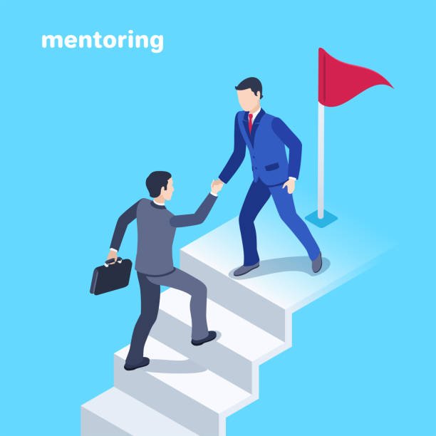 An illustration of two men in suits, one helping the other up a staircase toward a red flag, symbolizing paid mentorship and success.