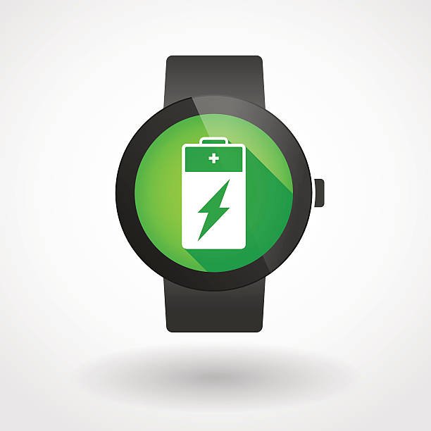 A modern smartwatch with a green screen showing a fully charged battery icon, symbolizing long battery life.