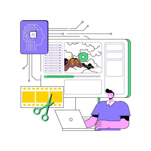 An illustration of a content creator using AI-powered video tool. The screen shows a timeline, and an AI chip icon is connected to the interface, symbolizing the automation of video creation.