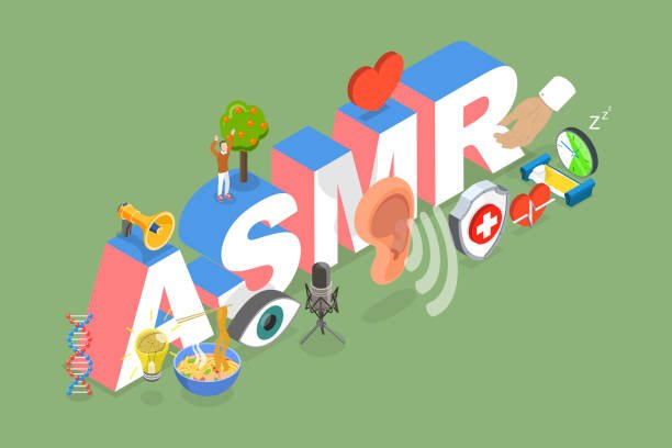 A colorful isometric illustration for an ASMR gear guide, featuring the word 'ASMR' with a central condenser microphone, surrounded by icons of various triggers like sound waves, an ear, an eye, and symbols of relaxation.