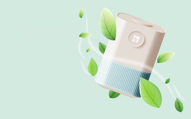 A sleek, modern air quality monitor displaying a PM2.5 reading, floating effortlessly among fresh green leaves and wisps of clean air on a light green background.