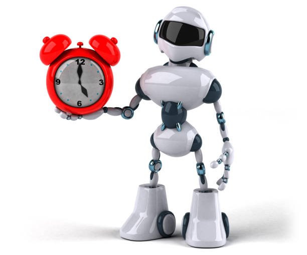 A futuristic white robot, symbolizing an automated morning routine, holds up a classic red alarm clock.