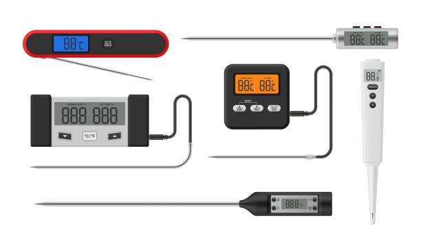 A collection of various digital and Bluetooth meat thermometers, showcasing different styles from instant-read models to wired probes with base units.