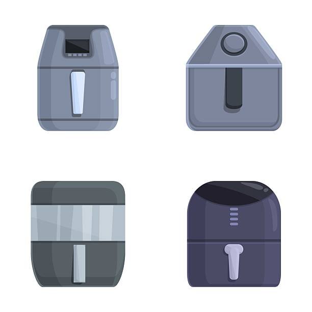 A vector illustration showing four different designs of modern, compact air fryer models against a white background.