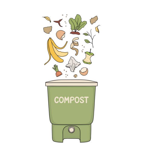 Illustration of a green composting bin labeled "COMPOST" with various food scraps such as banana peels, vegetable leaves, eggshells, and apple cores falling into it.