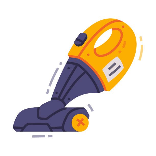 tylized illustration of a yellow and blue cordless handheld vacuum cleaner.