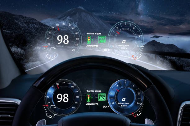 A car's futuristic heads-up display (HUD) projecting speed and navigation info onto the windshield for safer driving on a dark mountain road.