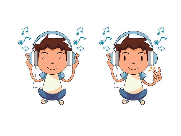 A cartoon illustration of a young boy sitting cross-legged and smiling while listening to music with large, over-ear kid-friendly headphones.
