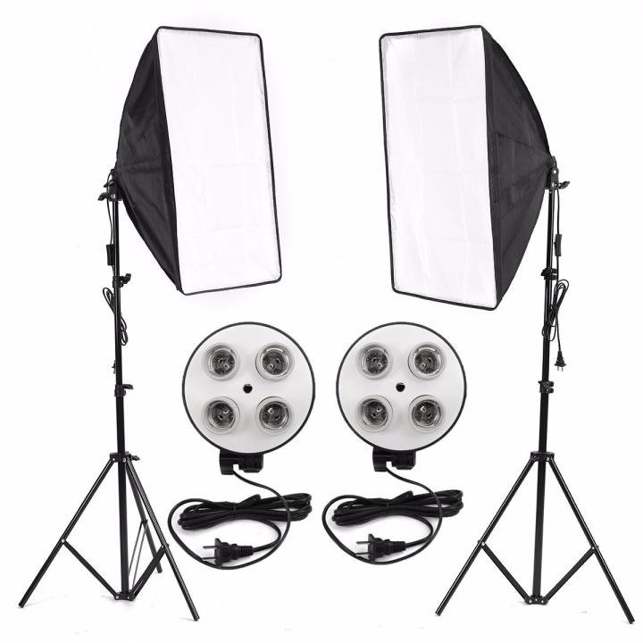 Budget studio lighting setup with two softboxes and tripods.