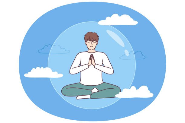 Man meditating peacefully by a meditation device in a bubble surrounded by clouds.