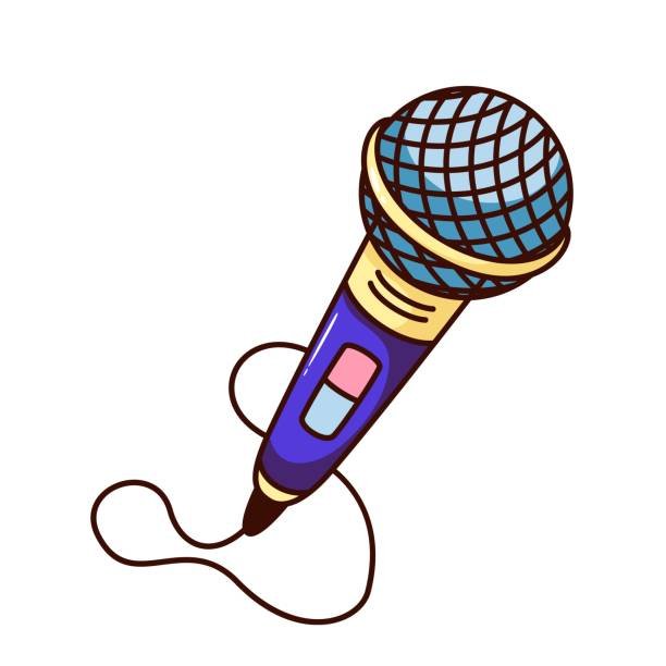 A stylized illustration of a blue and purple handheld microphone.