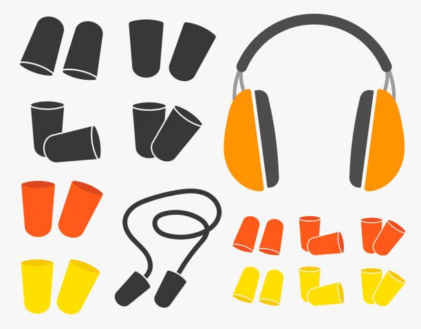 Illustration of various noise-control tools including earmuffs, earplugs in different colors, and corded earplugs for reducing distractions and improving focus.