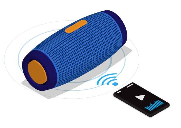 An illustration of a blue portable Bluetooth speaker wirelessly streaming music from a black smartphone.