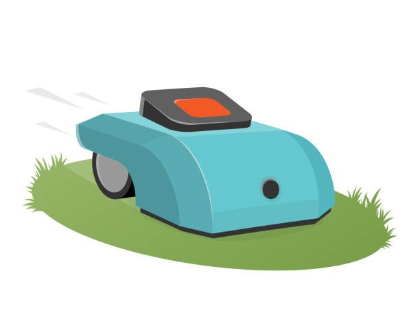 An illustration of a light blue robotic lawn mower automatically cutting a patch of green grass, representing effortless lawn care.