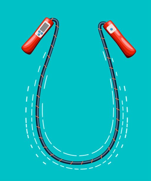 Illustration of an affordable smart jump rope for HIIT workouts, featuring red handles and a digital counter screen.