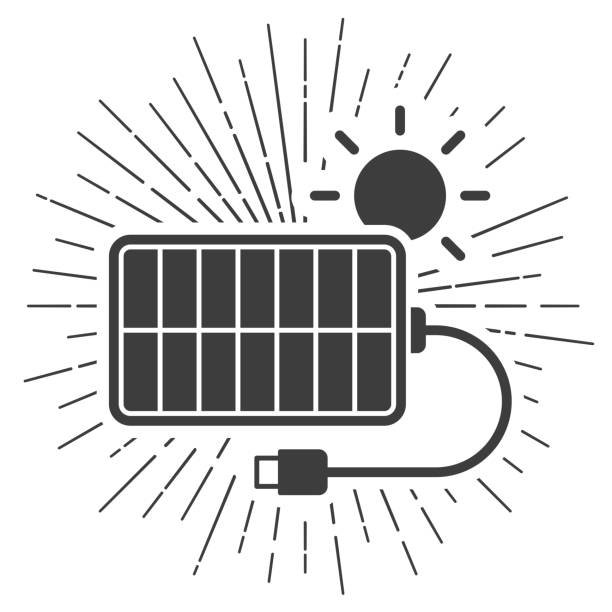 Iconic representation of solar-powered gadgets: sunbeams charge a portable panel connected via USB, symbolizing sustainable, off-grid power.