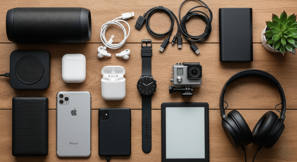 A flat lay of modern tech gadgets, including premium products and their affordable gadget dupes like a smartwatch, earbuds, and action camera, on a wooden desk.
