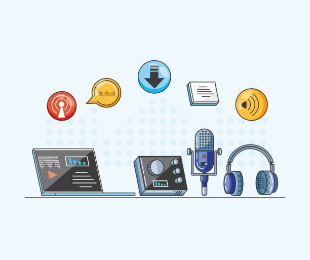 An illustration of essential home studio voiceover tools, showing a laptop with audio software, an audio interface, a condenser microphone, and studio headphones.