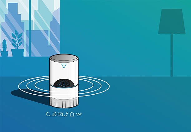 A sleek, white, cylindrical smart device emits concentric sound waves in a modern blue-toned room with city views, representing tech-powered pest control through ultrasonic technology.