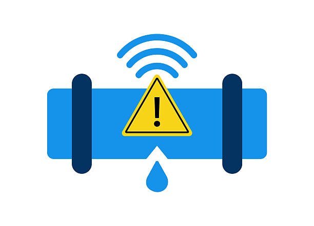Illustration of a smart water leak detector sensor sending a wireless alert from a dripping pipe.