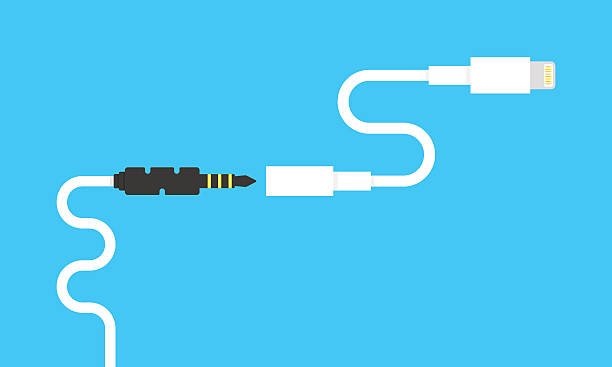 A graphic of a white iPhone Lightning to 3.5mm headphone jack adapter, ready to connect with a headphone plug against a blue background.