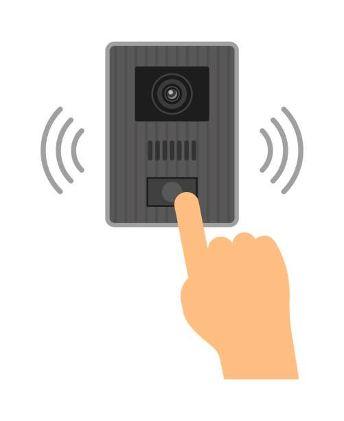 An illustration of a finger pressing the button on a smart anti-theft video doorbell.