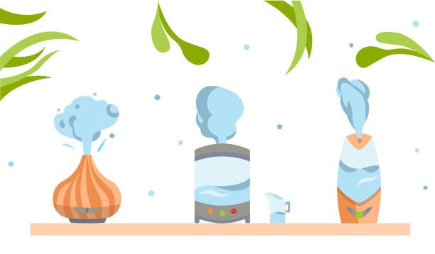An illustration of various cool mist humidifiers on a shelf, representing the different models available for improving home air quality.