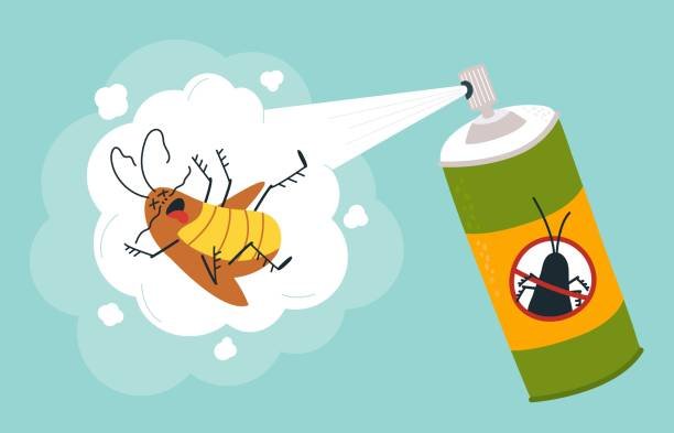 Cartoon image of an aerosol can spraying indoor insect killer pesticides at a dying cockroach.