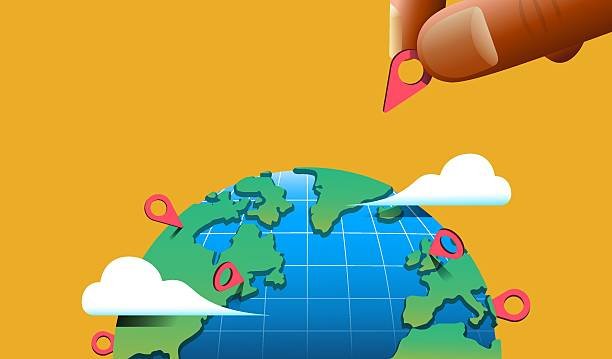 A stylized illustration of an interactive globe gadget, placing finger placing a pink map pin onto a globe, with several other pins already marking locations around the world.