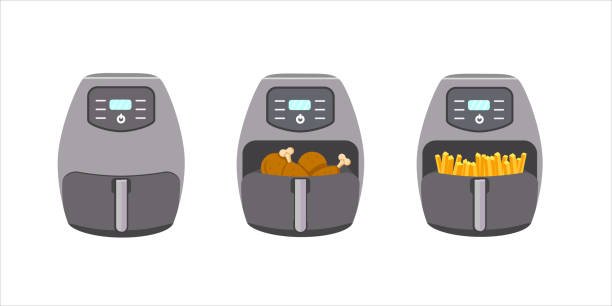 An illustration showing the versatility of the best air fryers for everyday use, with one machine empty, one full of crispy chicken, and another full of golden fries.