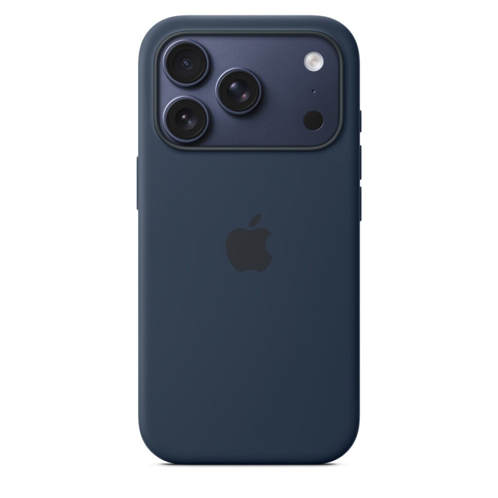 Dark blue silicone case with MagSafe on an iPhone 17 Pro case, showcasing the camera module and Apple logo.