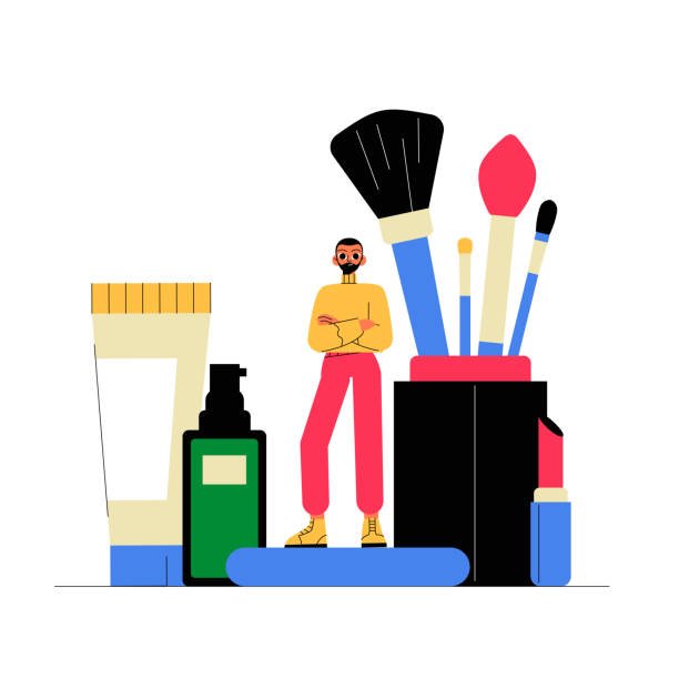 A modern man stands confidently among oversized multitasking skincare products, symbolizing a smart and simple men's grooming routine.