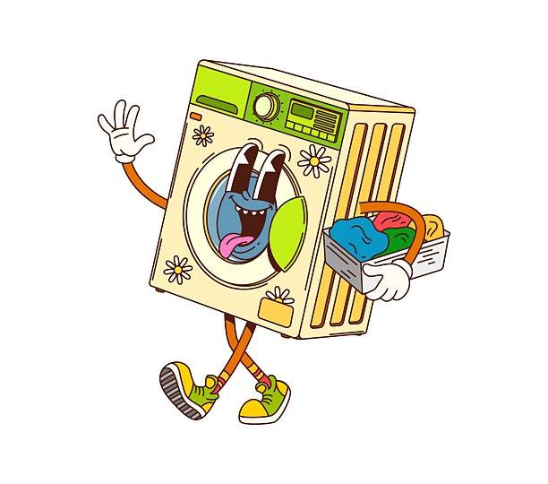 A friendly cartoon portable washing machine character with a happy face, waving and carrying a basket of colorful laundry, representing fun and easy laundry day.