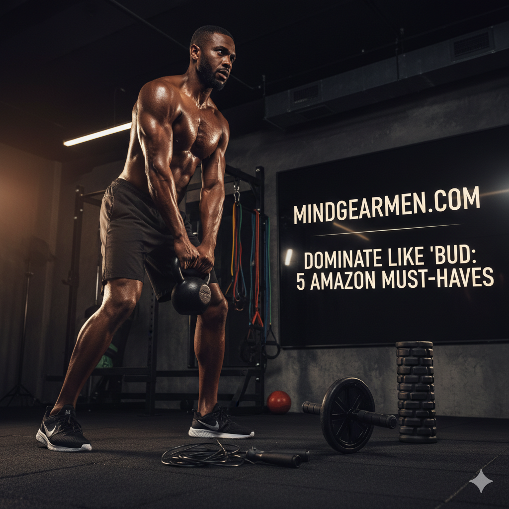 An athletic man with a muscular build, representing a Terence bud Crawford physique, performs a powerful kettlebell swing in a modern gym. He is surrounded by essential home workout equipment including a jump rope, ab roller, and foam roller.