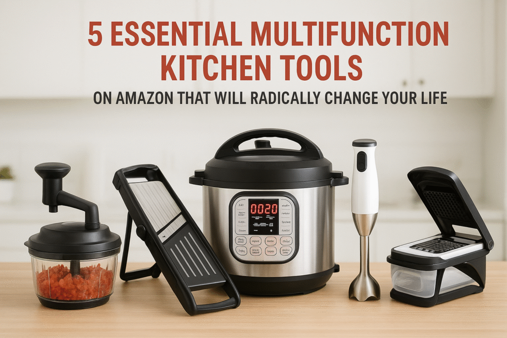 5 Essential Multifunction Kitchen Tools on Amazon That Will Radically Change Your Life Five essential multifunction kitchen tools on a countertop, including a food chopper, mandoline slicer, pressure cooker, immersion blender, and vegetable dicer, displayed in a bright modern kitchen.
