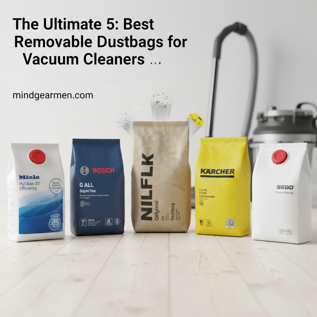 5 Breakthrough Removable Dustbags for Vacuum Cleaners: The Ultimate Guide to a Cleaner Home 5 Breakthrough Removable Dustbags for Vacuum Cleaners displayed against a vacuum cleaner background. Shown are Miele HyClean 3D, Bosch G ALL SuperTex, Nilfisk Original, Kärcher Fleece, and SEBO K Series bags, highlighting premium filtration and hygiene for a cleaner home.