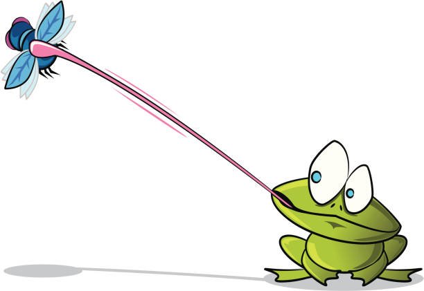 Cartoon illustration of a bright green frog with large eyes catching a blue flying insect trap (fly or mosquito) with its long, pink, sticky tongue.