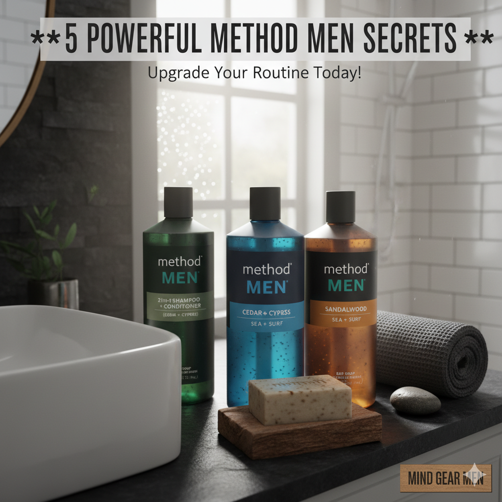 Method Men Products: 5 Powerful Grooming Secrets Unleashed for the Modern Man to Upgrade His Routine Method Men grooming products on a bathroom counter: 2-in-1 Shampoo+Conditioner (Cedar+Cypress), Body Wash (Sea+Surf), and Body Wash (Sandalwood+Vetiver) with a bar of soap.