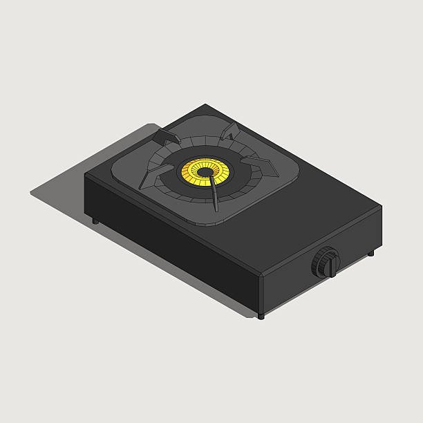 Portable cooker single burner gas stove with flame.