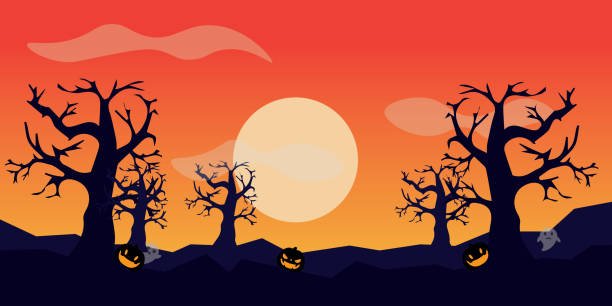 Spooky Halloween decoration scene illustration with twisted, bare trees, glowing jack-o'-lanterns, and a large full moon at sunset.