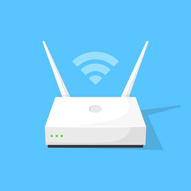 Maximize Your Home Internet Speed with the Top 5 Powerful WiFi Routers From Amazon White WiFi router with two antennas broadcasting a strong signal on a blue background, symbolizing fast home internet speed and eliminating dead zones.