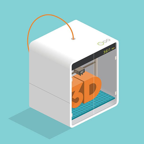 A minimalist, isometric illustration of a white 3D printer with orange filament printing the word "3D."