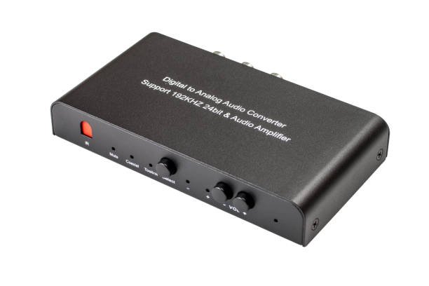Dedicated black external Digital to Analog Converter (DAC) and amplifier box with coaxial, optical (Toslink) inputs, and volume knobs, highlighting 192kHz 24bit support.