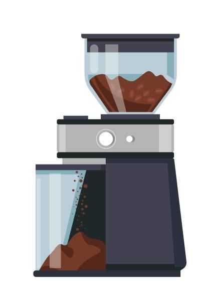Illustrated image of a black and gray electric burr coffee grinder with whole coffee beans in the hopper and freshly ground coffee in the catch bin.